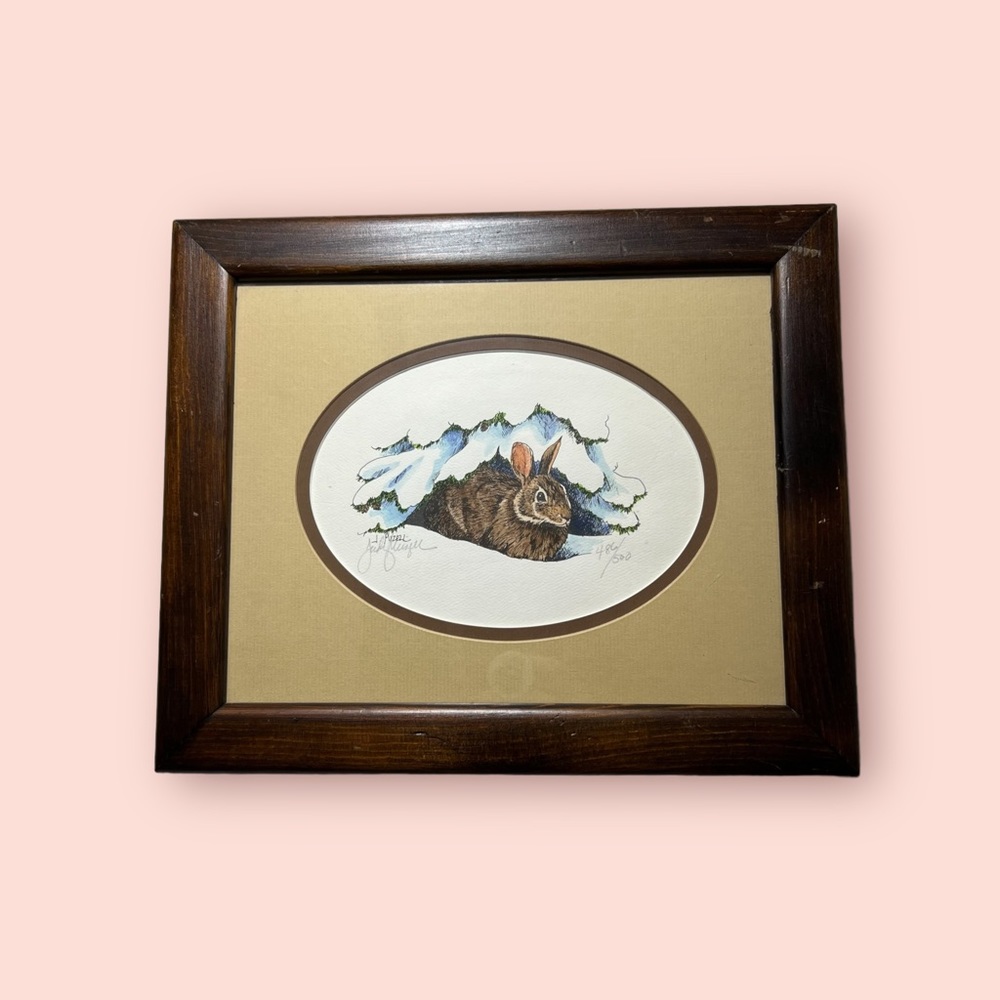 Judy Mizell Bunny in Snow. Signed and framed 486/500. Limited Edition.